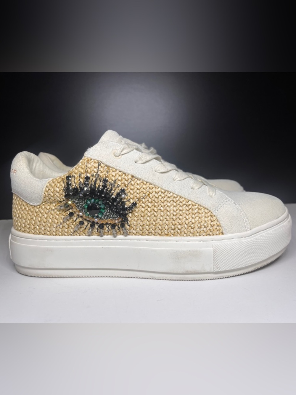 Kurt Geiger White and Natural Raffia Eye-Embellished Low-Top Sneaker
